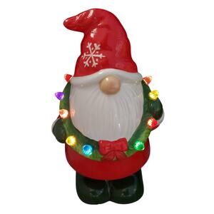 Ceramic -Wreath -Gnome -Santa Claus -LED -Lighted -Holiday Decor -12" Christmas